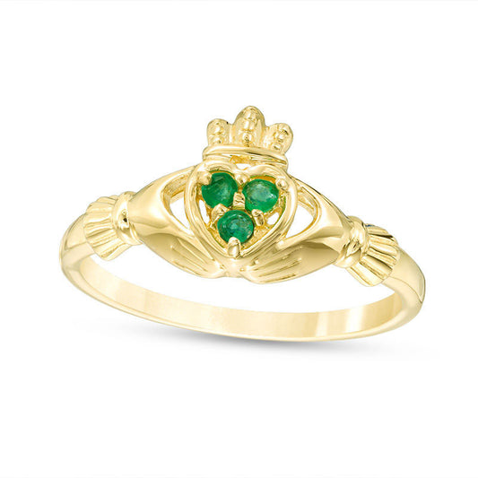 Emerald Three Stone Claddagh Ring in Solid 10K Yellow Gold