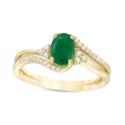 Oval Emerald and 0.13 CT. T.W. Natural Diamond Tri-Sides Bypass Ring in Solid 10K Yellow Gold