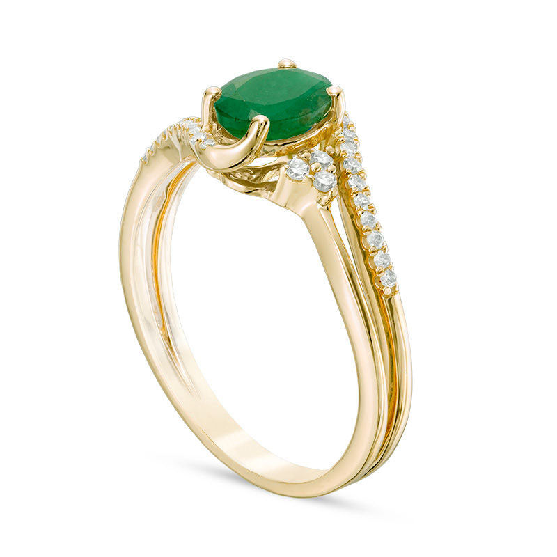 Oval Emerald and 0.13 CT. T.W. Natural Diamond Tri-Sides Bypass Ring in Solid 10K Yellow Gold