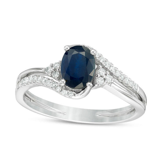 Oval Blue Sapphire and 0.13 CT. T.W. Natural Diamond Tri-Sides Bypass Ring in Solid 10K White Gold