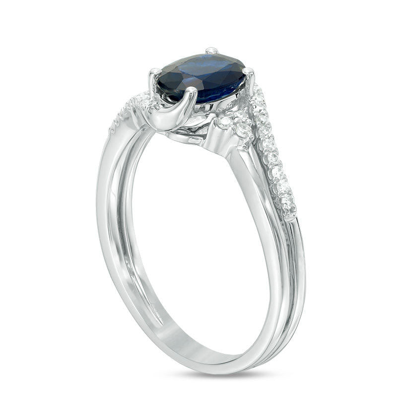 Oval Blue Sapphire and 0.13 CT. T.W. Natural Diamond Tri-Sides Bypass Ring in Solid 10K White Gold