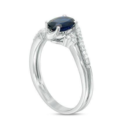 Oval Blue Sapphire and 0.13 CT. T.W. Natural Diamond Tri-Sides Bypass Ring in Solid 10K White Gold
