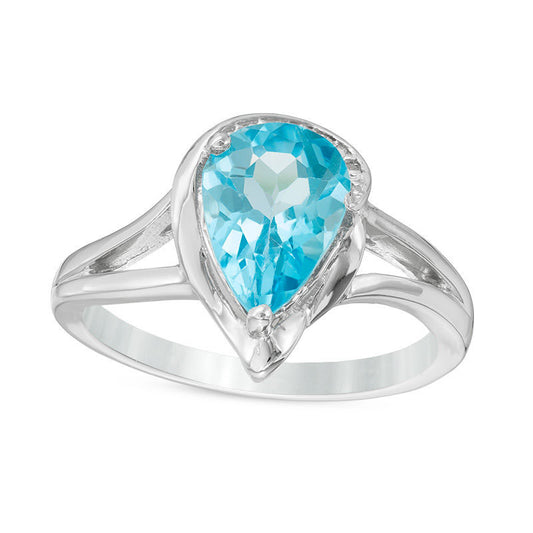 Pear-Shaped Blue Topaz and Natural Diamond Accent Split Shank Ring in Sterling Silver