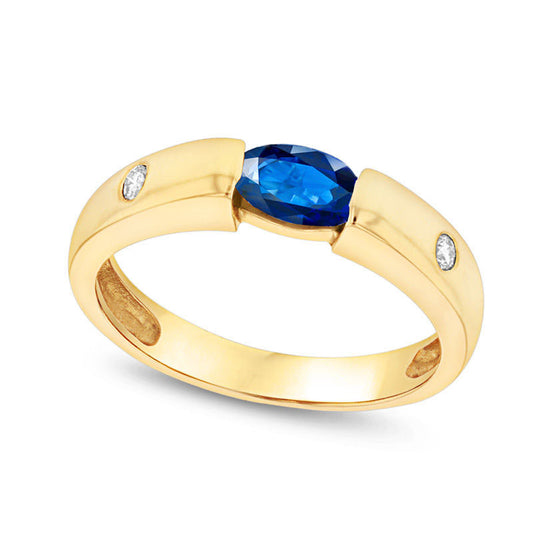 Sideways Oval Blue Sapphire and Natural Diamond Accent Ring in Solid 14K Gold