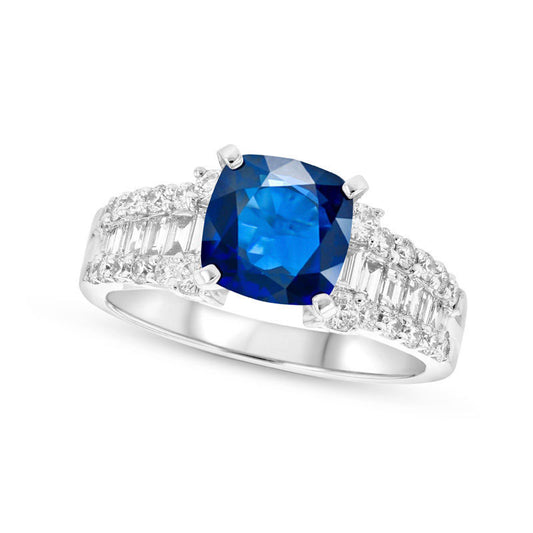 6.5mm Cushion-Cut Blue Sapphire and 0.75 CT. T.W. Natural Diamond Triple Row Ring in Solid 18K White Gold