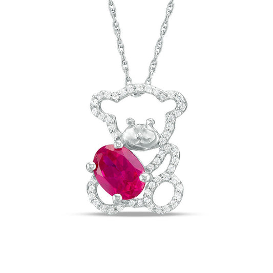 Oval Lab-Created Ruby and 0.2 CT. T.W. Diamond Teddy Bear Pendant in Sterling Silver