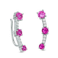 Lab-Created Pink and White Sapphire Three Stone Crawler Earrings in Sterling Silver