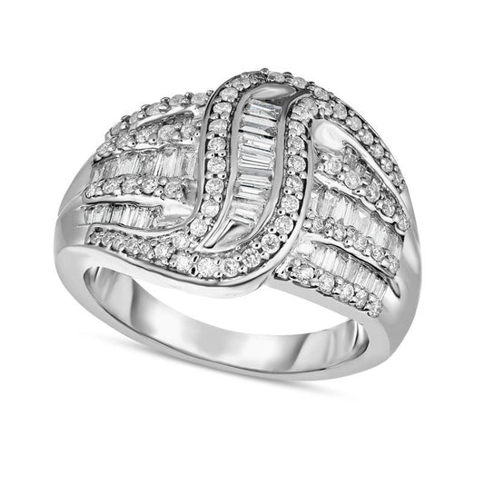 0.88 CT. T.W. Baguette and Round Natural Diamond Crossover Wave Ring in Sterling Silver