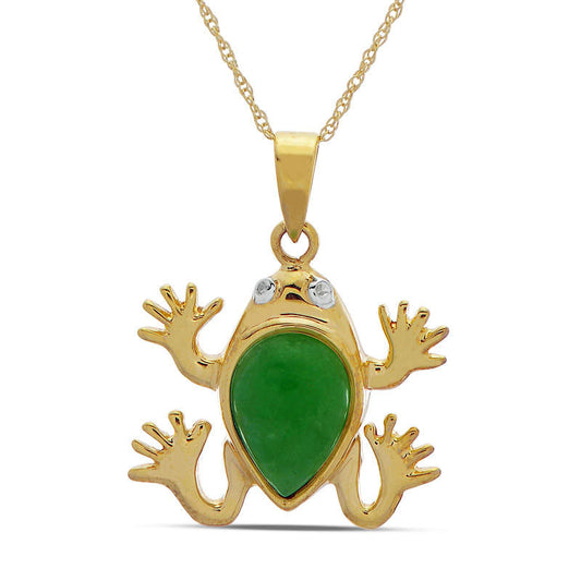 Jade and Natural Diamond Accent Frog Pendant in 10K Yellow Gold