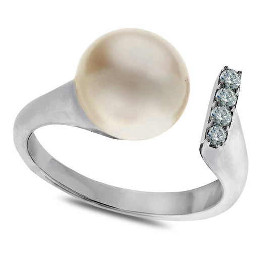 9.5-10.0mm Button Cultured Freshwater Pearl and White Topaz Open Ring in Sterling Silver - Size 7