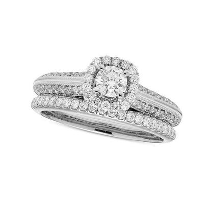 1.0 CT. T.W. Certified Natural Diamond Cushion Frame Antique Vintage-Style Bridal Engagement Ring Set in Solid 14K White Gold (I/I2)