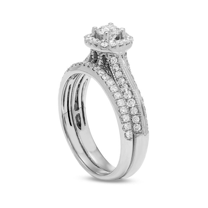 1.0 CT. T.W. Certified Natural Diamond Cushion Frame Antique Vintage-Style Bridal Engagement Ring Set in Solid 14K White Gold (I/I2)