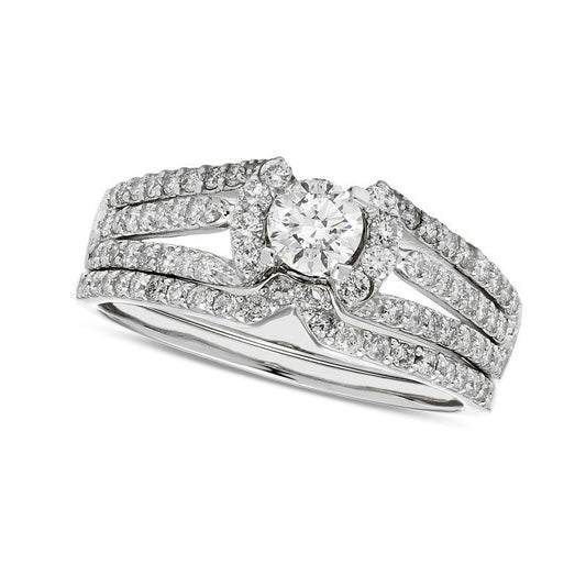 1.0 CT. T.W. Certified Natural Diamond Multi-Row Collar Bridal Engagement Ring Set in Solid 14K White Gold (I/I2)
