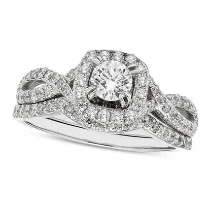 1.0 CT. T.W. Certified Natural Diamond Cushion Frame Twist Shank Bridal Engagement Ring Set (I/I2)