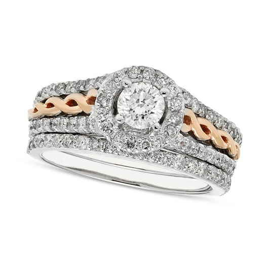 1.0 CT. T.W. Certified Natural Diamond Frame Braided Shank Bridal Engagement Ring Set in Solid 14K Two-Tone Gold (I/I2)
