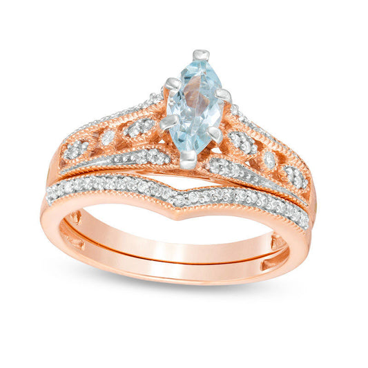 Marquise Aquamarine and 0.20 CT. T.W. Natural Diamond Bridal Engagement Ring Set in Solid 10K Rose Gold