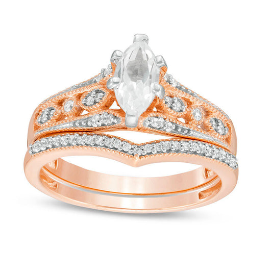 Lab-Created Marquise White Sapphire and 0.20 CT. T.W. Diamond Bridal Engagement Ring Set in Solid 10K Rose Gold