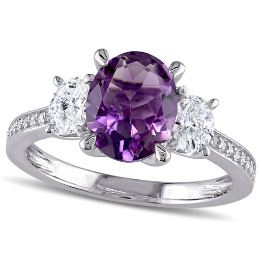 Oval Amethyst and 0.63 CT. T.W. Natural Diamond Three Stone Ring in Solid 14K White Gold