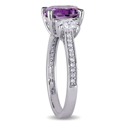 Oval Amethyst and 0.63 CT. T.W. Natural Diamond Three Stone Ring in Solid 14K White Gold