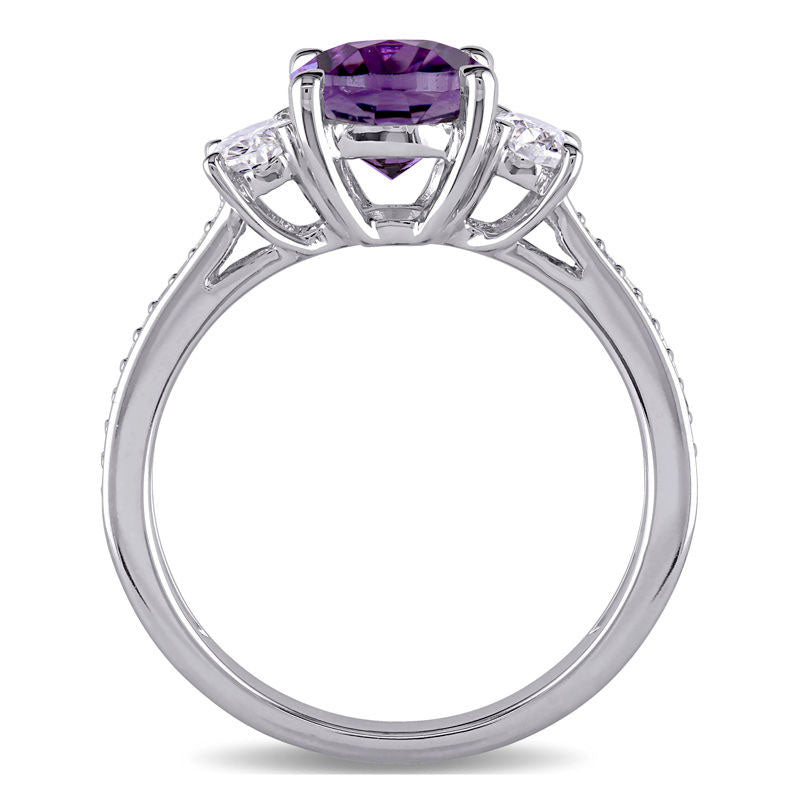 Oval Amethyst and 0.63 CT. T.W. Natural Diamond Three Stone Ring in Solid 14K White Gold