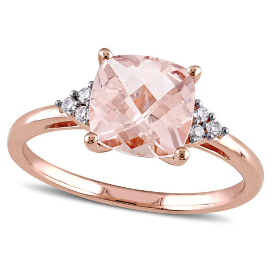 8.0mm Cushion-Cut Morganite and Natural Diamond Accent Tri-Sides Ring in Solid 14K Rose Gold