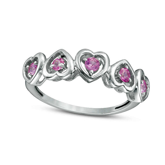 Lab-Created Pink Sapphire Five Stone Heart Ring in Sterling Silver