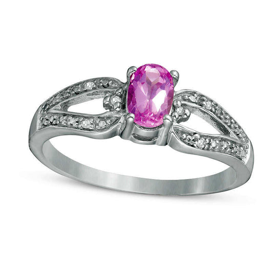 Oval Lab-Created Pink Sapphire and Diamond Accent Split Shank Ring in Sterling Silver