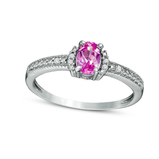 Oval Lab-Created Pink Sapphire and Diamond Accent Collar Antique Vintage-Style Ring in Sterling Silver