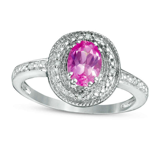 Oval Lab-Created Pink Sapphire and Diamond Accent Frame Antique Vintage-Style Ring in Sterling Silver
