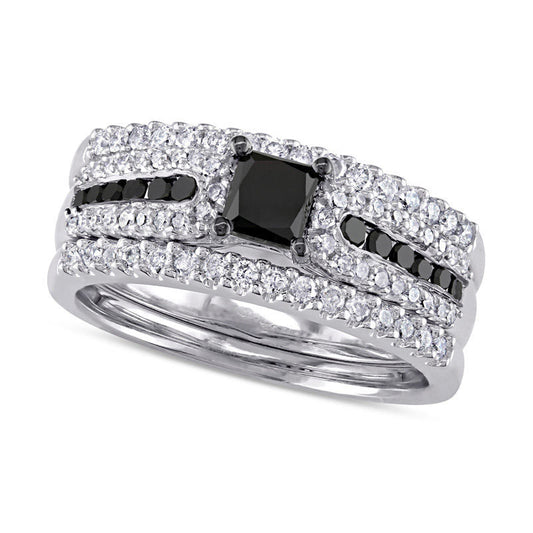 1.13 CT. T.W. Enhanced Black Princess-Cut Natural Diamond Three Piece Bridal Engagement Ring Set in Sterling Silver