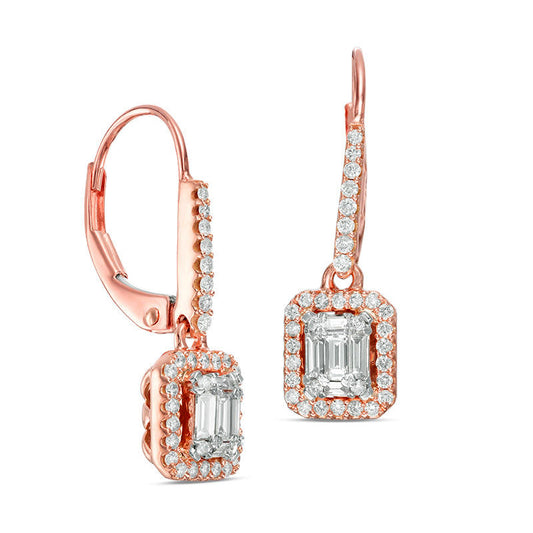 0.5 CT. T.W. Composite Baguette Diamond Rectangle Frame Drop Earrings in 14K Rose Gold