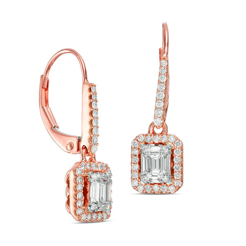 0.5 CT. T.W. Composite Baguette Diamond Rectangle Frame Drop Earrings in 14K Rose Gold