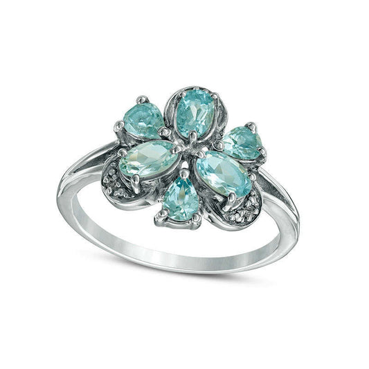 Pear-Shaped and Oval Aquamarine and Natural Diamond Accent Flower Ring in Solid 10K White Gold