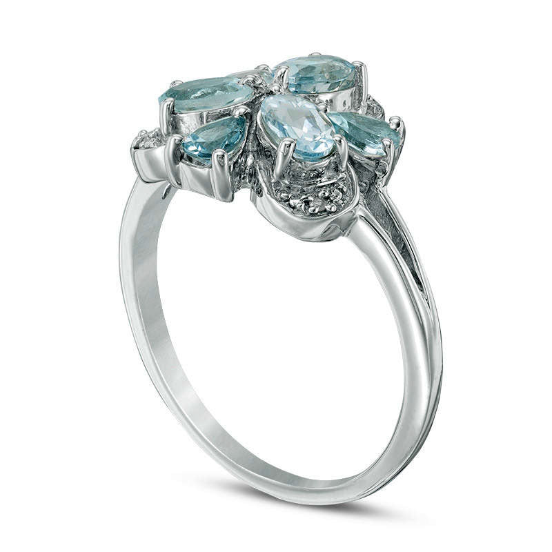 Pear-Shaped and Oval Aquamarine and Natural Diamond Accent Flower Ring in Solid 10K White Gold
