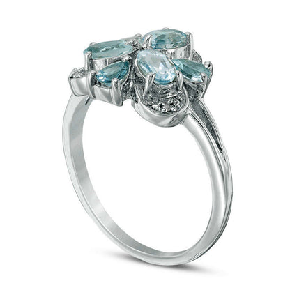 Pear-Shaped and Oval Aquamarine and Natural Diamond Accent Flower Ring in Solid 10K White Gold