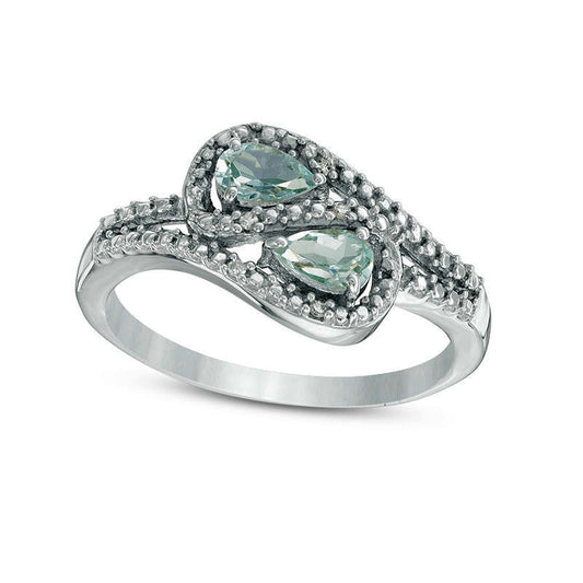 Oval Aquamarine and Natural Diamond Accent Bypass Loop Ring in Solid 10K White Gold