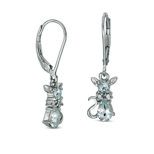 Oval and Round Aquamarine and Diamond Accent Cat Drop Earrings in 10K White Gold