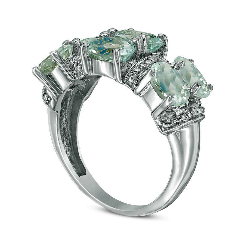 Oval Aquamarine and Natural Diamond Accent Six Stone Ring in Solid 10K White Gold
