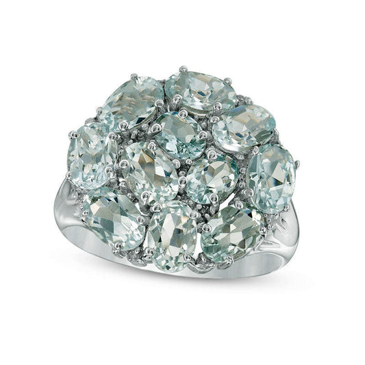 Oval Aquamarine and Natural Diamond Accent Cluster Ring in Solid 10K White Gold