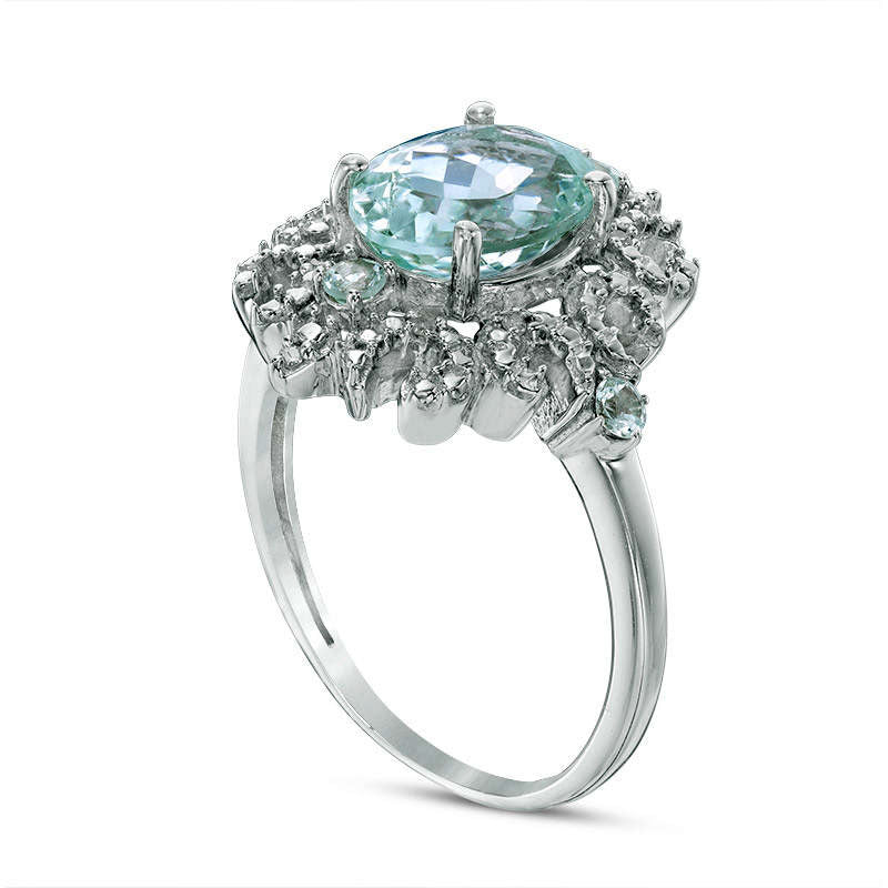 Oval Aquamarine and Natural Diamond Accent Sunburst Frame Ring in Solid 10K White Gold