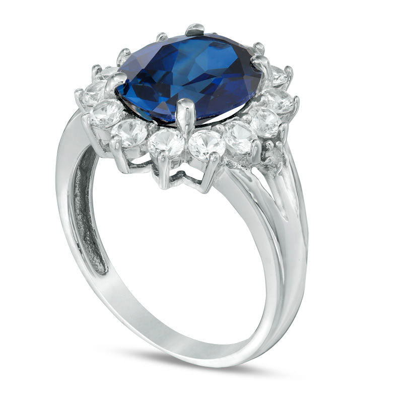 Oval Lab-Created Blue Sapphire and White Sapphire Sunburst Frame with Diamond Accents Ring in Sterling Silver