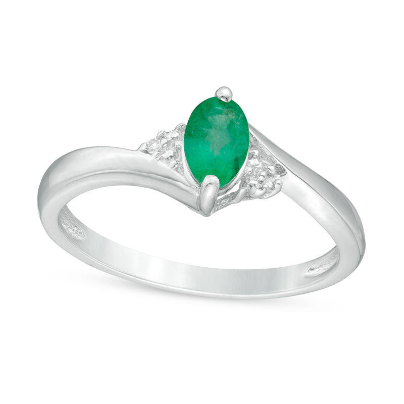 Oval Emerald and Natural Diamond Accent Bypass Ring in Sterling Silver