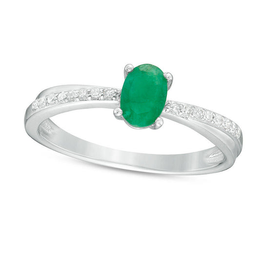 Oval Emerald and Natural Diamond Accent Crossover Ring in Sterling Silver