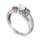 Heart-Shaped Lab-Created Opal Pink Sapphire and Diamond Accent Three Stone Ring in Sterling Silver
