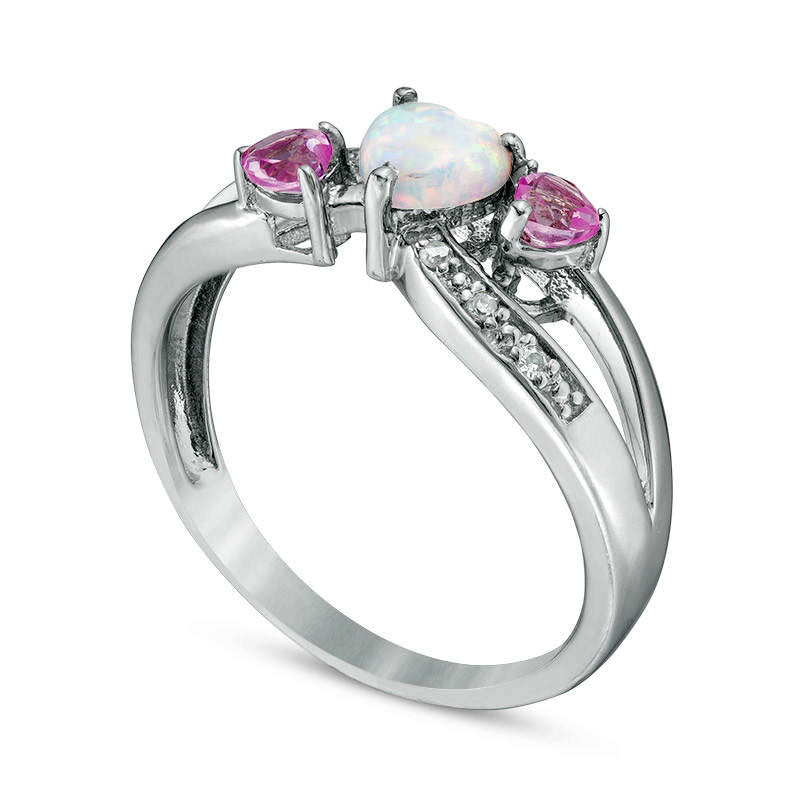 Heart-Shaped Lab-Created Opal Pink Sapphire and Diamond Accent Three Stone Ring in Sterling Silver