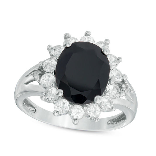 Oval Onyx Lab-Created White Sapphire and Diamond Accent Sunburst Frame Split Shank Ring in Sterling Silver