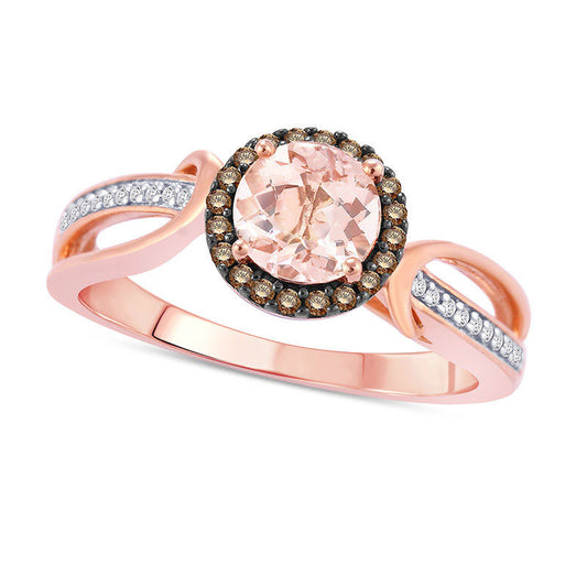 6.0mm Morganite and 0.17 CT. T.W. Champagne and White Natural Diamond Frame Bypass Ring in Solid 10K Rose Gold and Black Rhodium