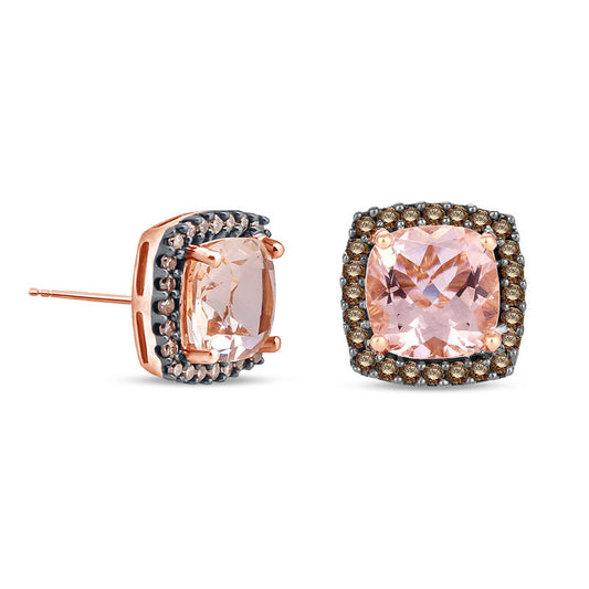 6.0mm Cushion-Cut Morganite and 0.25 CT. T.W. Champagne Diamond Stud Earrings in 10K Rose Gold and Black Rhodium
