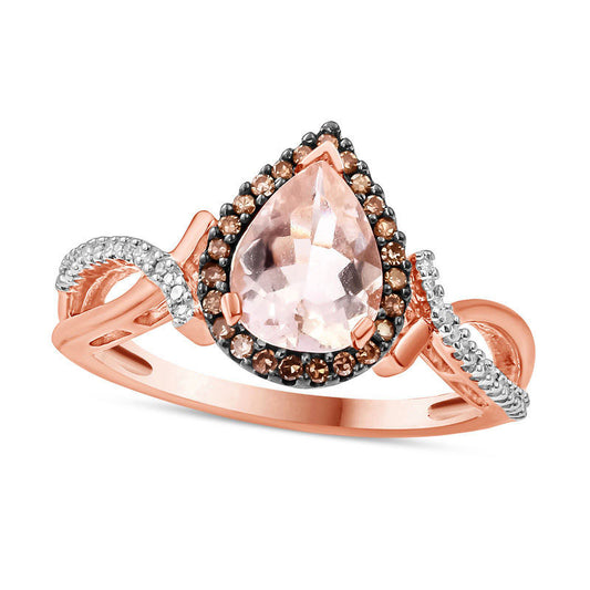 Pear-Shaped Morganite and 0.17 CT. T.W. Champagne and White Natural Diamond Frame Ring in Solid 10K Rose Gold and Black Rhodium