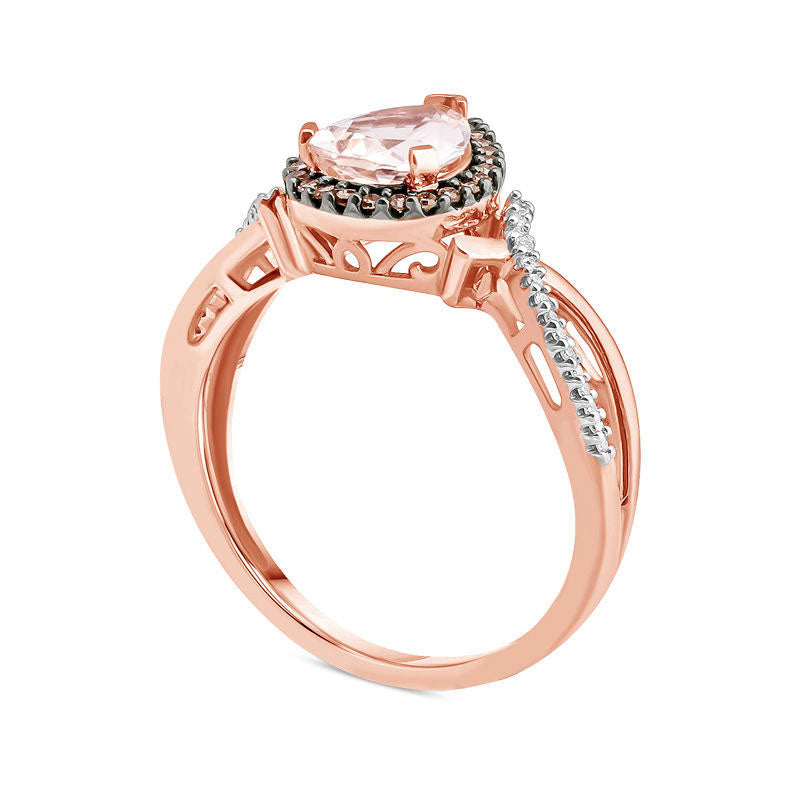Pear-Shaped Morganite and 0.17 CT. T.W. Champagne and White Natural Diamond Frame Ring in Solid 10K Rose Gold and Black Rhodium